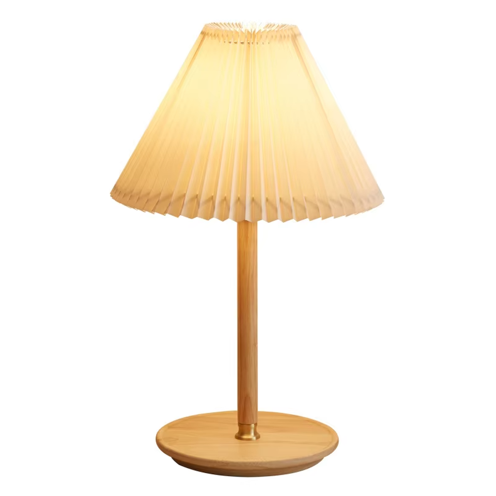 Nordic-style wooden pleated table lamp, with a light wood lamp pole and base paired with an orange pleated fabric lampshade, providing soft and warm light, designed to enhance the cozy atmosphere of spaces, suitable for bedroom nightstands, living room side tables, homestay guest rooms, etc.