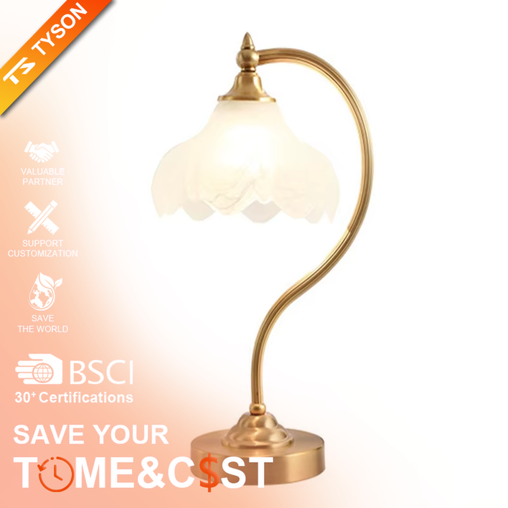 Vintage light luxury brass curved-arm petal lampshade table lamp, brass metal material + white petal translucent shade + warm light effect, creating an elegant and cozy home atmosphere.
