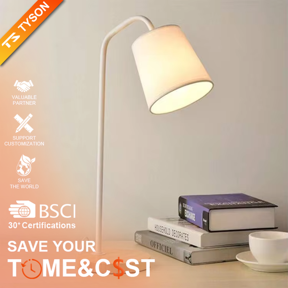 Nordic minimalist eye-protection table lamp, solid wood base paired with white bendable iron lamp pole and fabric lampshade, soft and eye-protective light, used for lighting in desks, nightstands and other areas, suitable for Nordic-style homes, office areas, homestay guest rooms, etc.