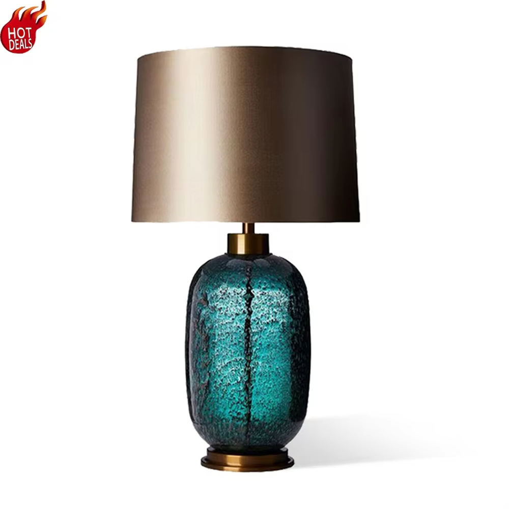 Light luxury cracked blue glaze table lamp (blue glaze body + gradient fabric shade + gold accessories), warm light effect, creating an elegant and high-end home atmosphere.