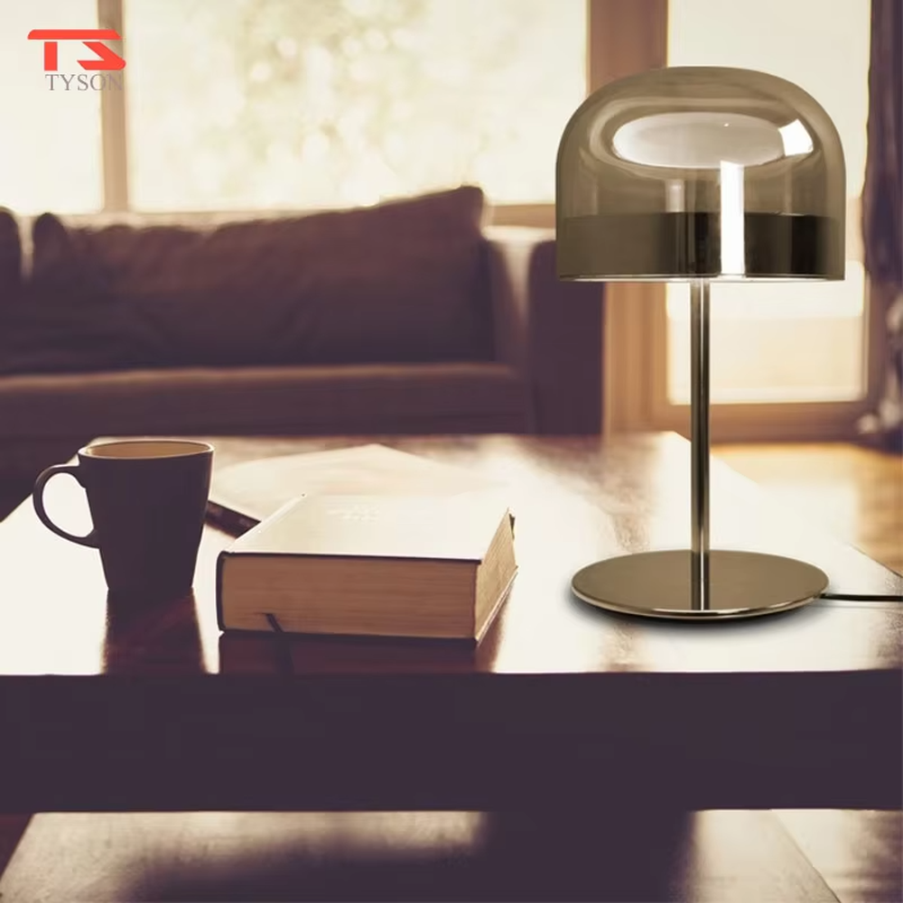 Modern light luxury amber glass dome copper base table lamp, warm light effect, creating an elegant retro space atmosphere.