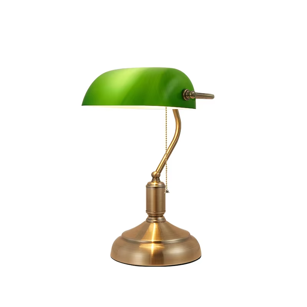 Vintage industrial-style green shade brass adjustable table lamp, semi-circular green shade + brass metal stand + pull chain switch, soft warm light creates vintage atmosphere.