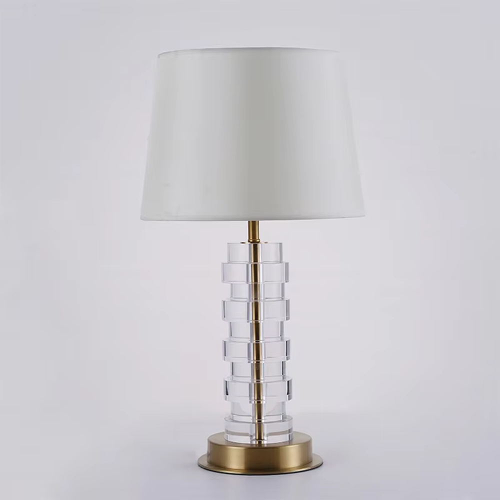 Light Luxury Stacked Acrylic Table Lamp (Off-white Fabric Umbrella Lampshade + Transparent Acrylic Stacked Lamp Post + Gold Metal Base), warm light effect, creating an exquisite and elegant home atmosphere.