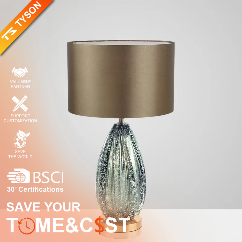 Light luxury black crystal fabric shade table lamp (black crystal texture base + coffee fabric shade), warm light effect, creating a calm and high-end home atmosphere.