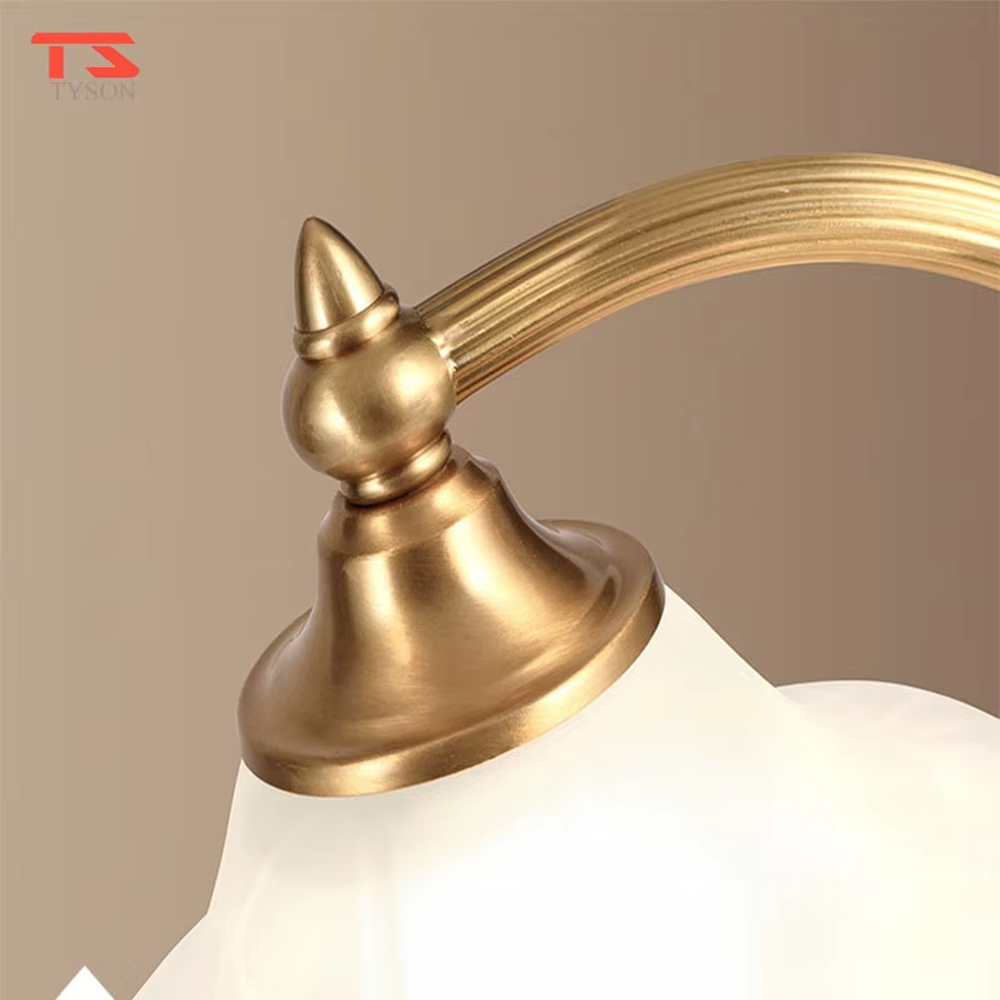 Vintage light luxury brass curved-arm petal lampshade table lamp, brass metal material + white petal translucent shade + warm light effect, creating an elegant and cozy home atmosphere.