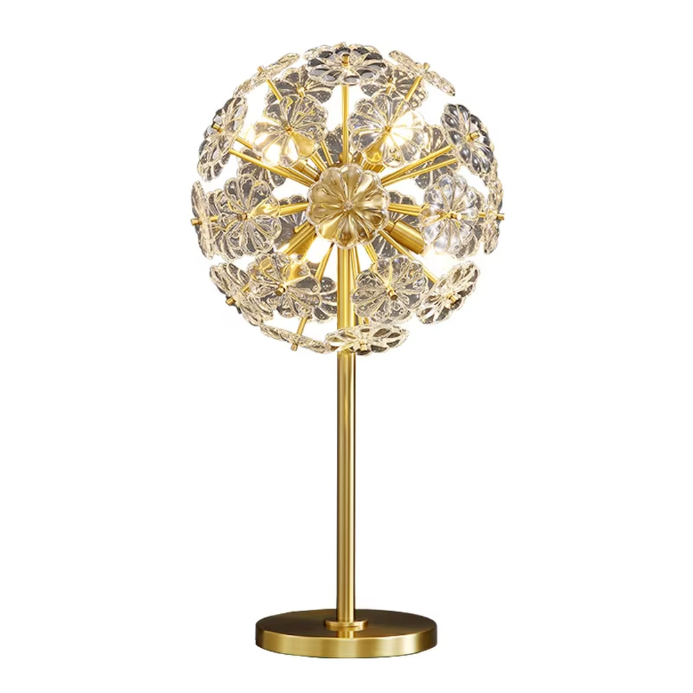 Art dandelion-shaped crystal table lamp (gold frame + crystal petals), warm light effect, creating a brilliant and romantic light luxury space atmosphere.