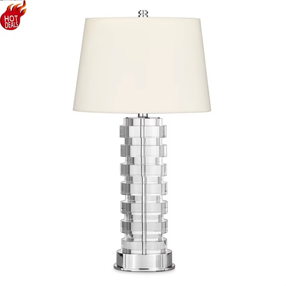 Light Luxury Stacked Acrylic Table Lamp (Off-white Fabric Umbrella Lampshade + Transparent Acrylic Stacked Lamp Post + Gold Metal Base), warm light effect, creating an exquisite and elegant home atmosphere.