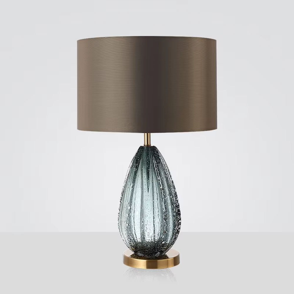 Modern Light Luxury Teardrop Glass Table Lamp, Dark Brown Cylindrical Fabric Lampshade, Grey-Green Vertical-Ribbed Bubble Glass Body with Gold Metal Accents, Serves Both Lighting and Decorative Purposes, Ideal for Bedrooms, Living Rooms, Studies, etc.