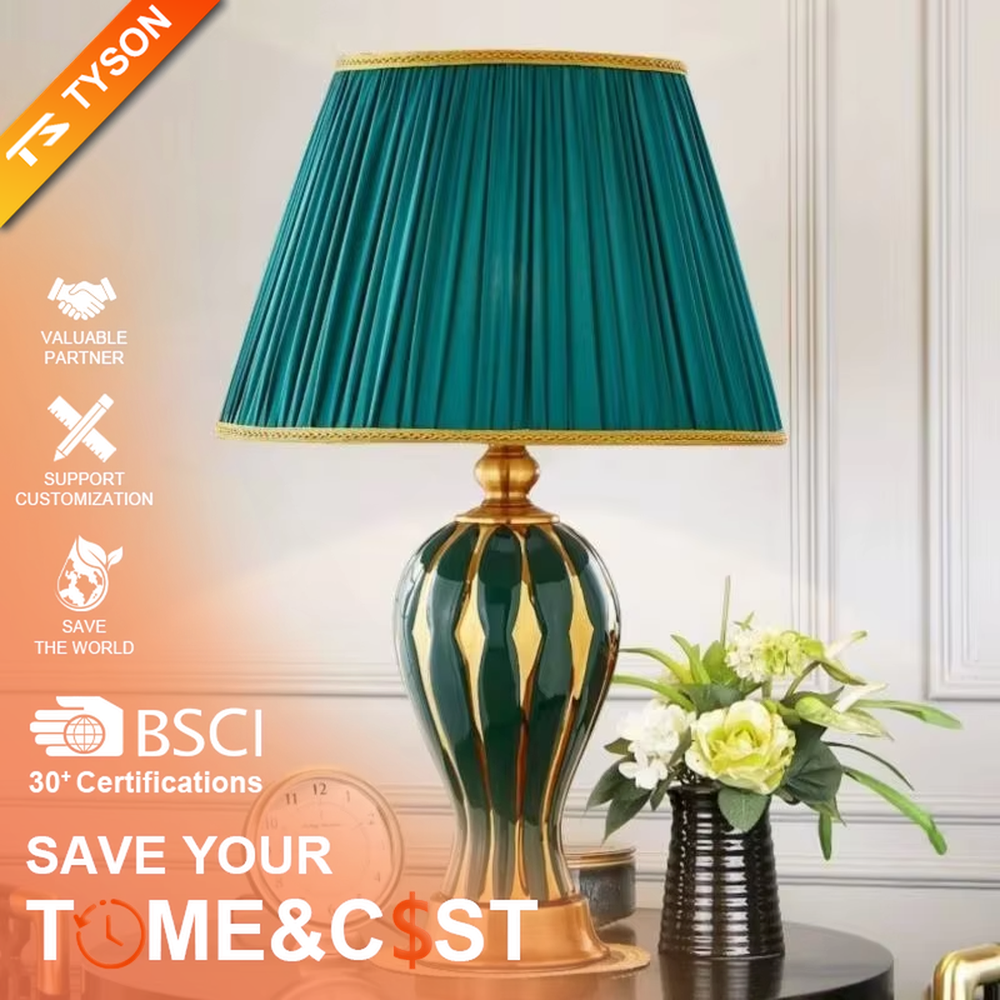 European-style light luxury ceramic table lamp, with a green-gold gradient wavy ceramic base, off-white pleated fabric lampshade and gold metal details, providing soft and warm light, designed to enhance the retro and elegant atmosphere of spaces, suitable for bedroom nightstands, living room side tables, European-style homes and hotel guest rooms, etc.