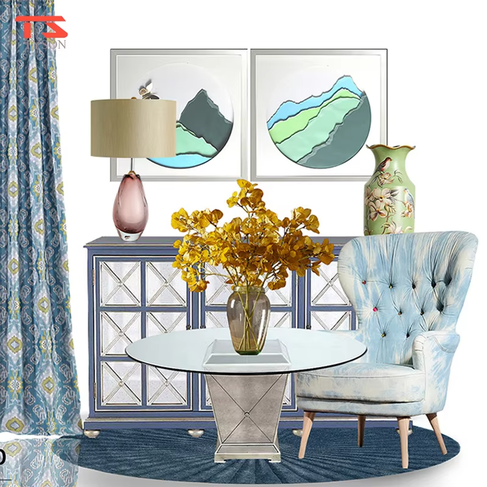 Modern art pink waterdrop glass base beige fabric shade table lamp, warm light effect, creating an elegant artistic atmosphere.