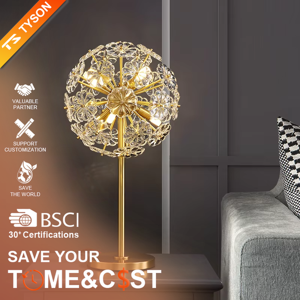 Art dandelion-shaped crystal table lamp (gold frame + crystal petals), warm light effect, creating a brilliant and romantic light luxury space atmosphere.