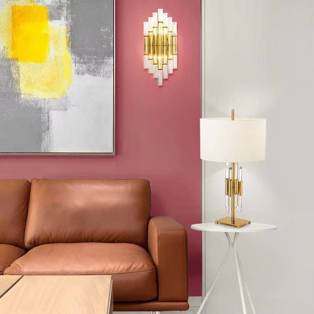 Modern Light Luxury Crystal Strip Table Lamp, Beige Cylindrical Fabric Lampshade, Gold Metal Frame with Transparent Crystal Strip Lamp Body, Serves Both Lighting and Decorative Purposes, Ideal for Bedrooms, Living Rooms, Studies, Hotel Guest Rooms, etc.