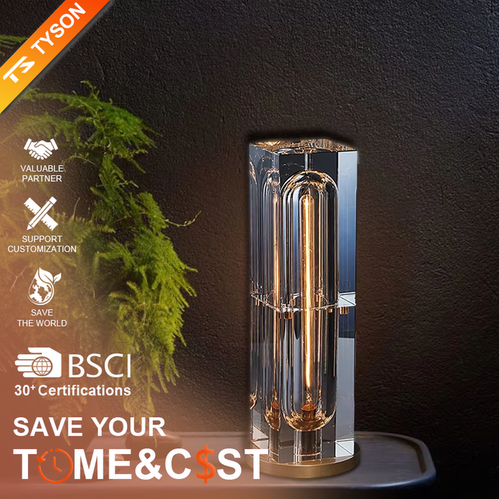 Modern light luxury crystal column table lamp, with a transparent cut crystal outer frame paired with a central gold metal luminous body, and a gold metal base at the bottom, emitting soft and transparent light, combining decorativeness and practicality, suitable for lighting and decoration in spaces such as console tables, living room side tables, study desks, and hotel guest rooms.