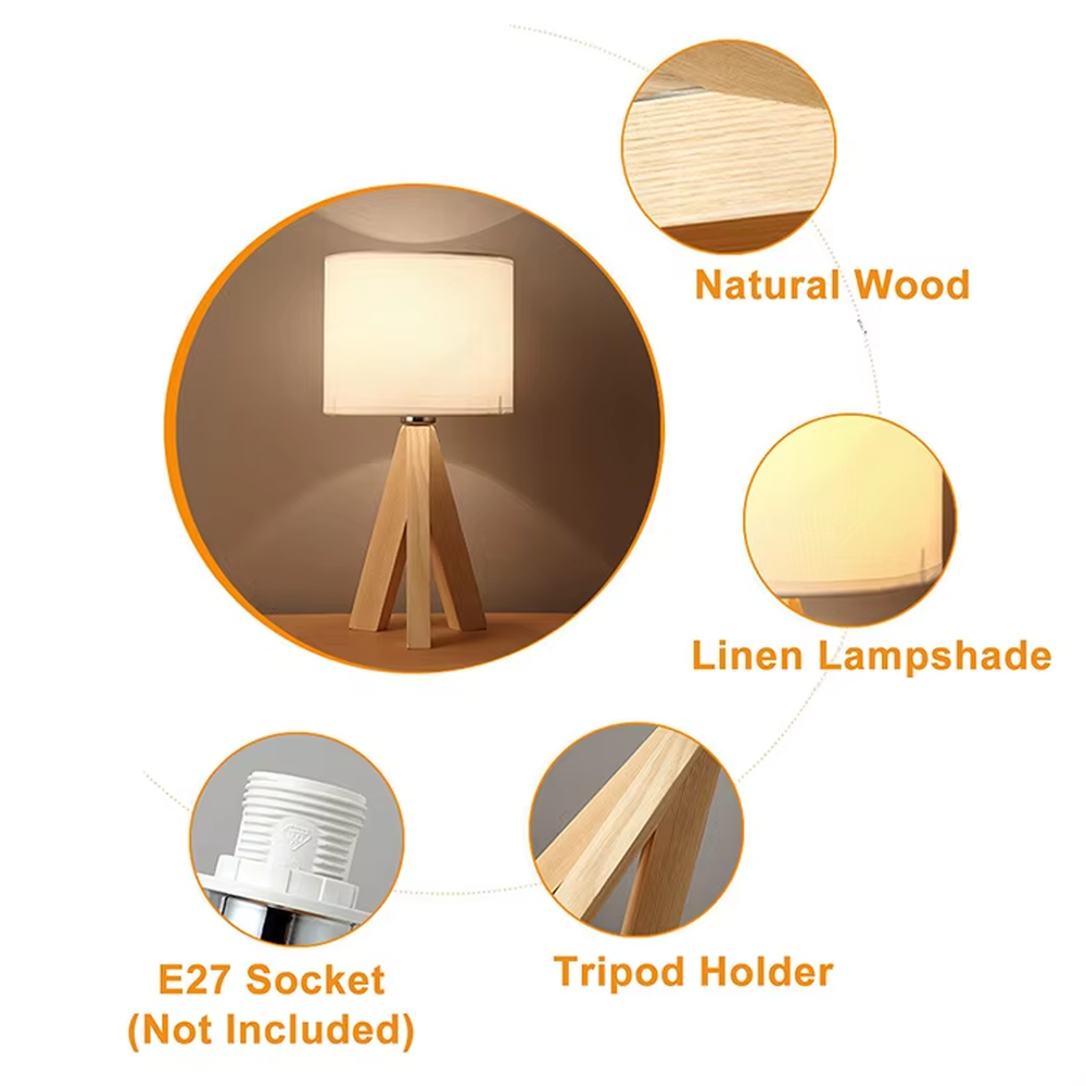 Nordic wooden tripod table lamp (log tripod stand + fabric lampshade), warm light effect, creating a natural and warm home atmosphere.
