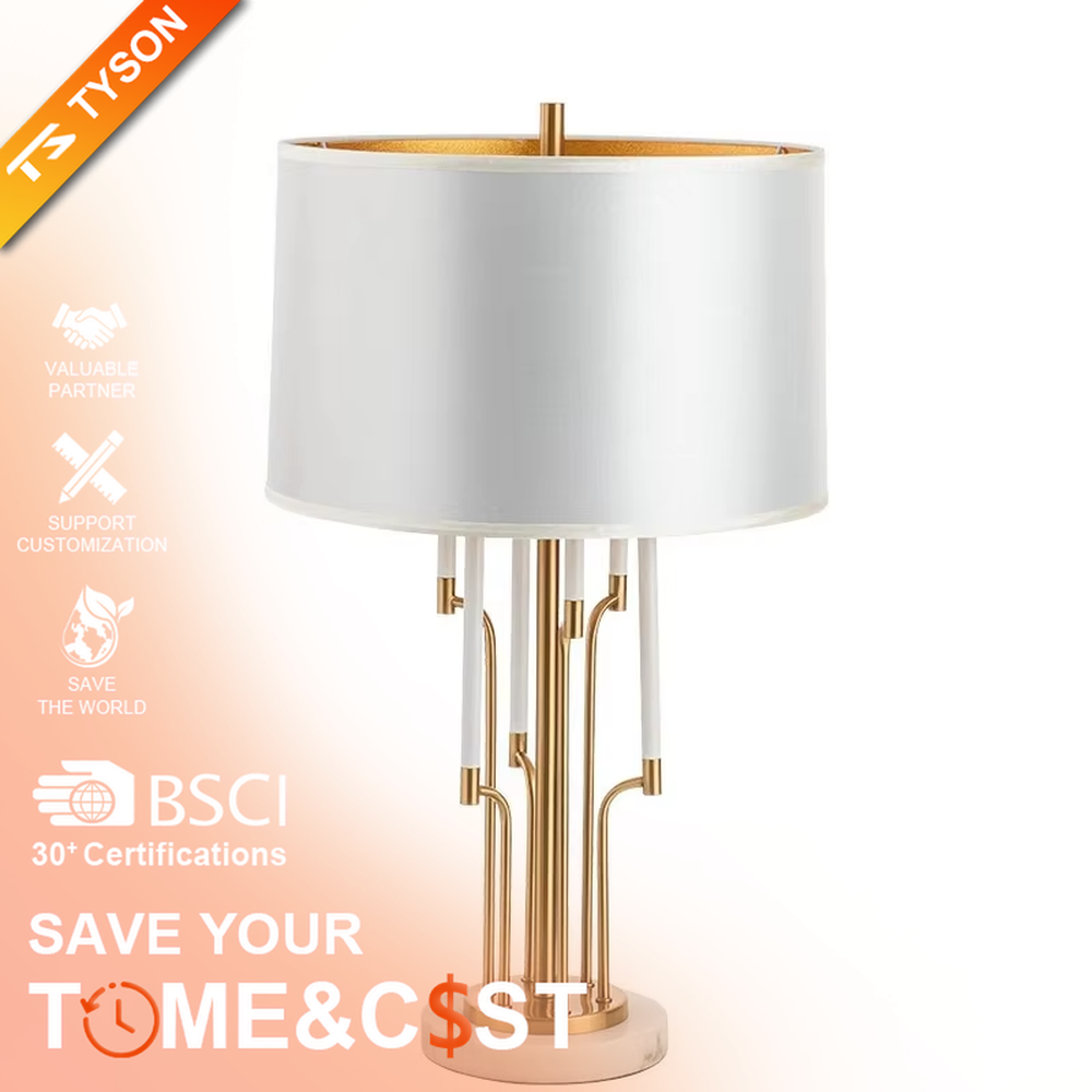Luxury multi-pole metal table lamp (gold pole + white shade + marble base), warm light effect, creating an elegant and high-end light luxury space atmosphere.