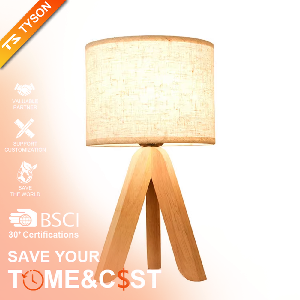 Nordic wooden tripod table lamp (log tripod stand + fabric lampshade), warm light effect, creating a natural and warm home atmosphere.