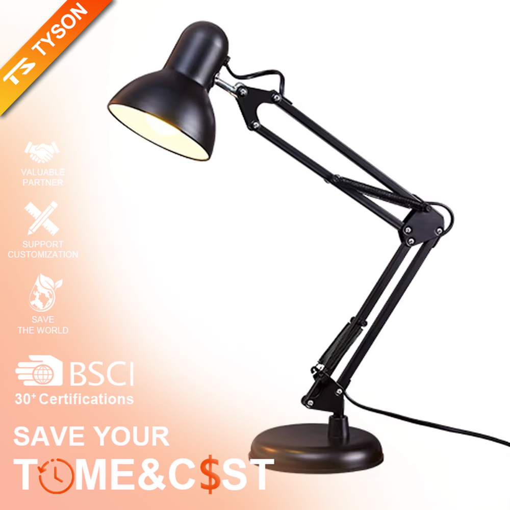 Industrial style long-arm folding table lamp, black iron lamp body with conical lampshade, multi-joint adjustable angle, focused and eye-protective light, used for lighting in desks, workbenches and other areas, suitable for industrial-style homes, office areas, student study rooms, etc.