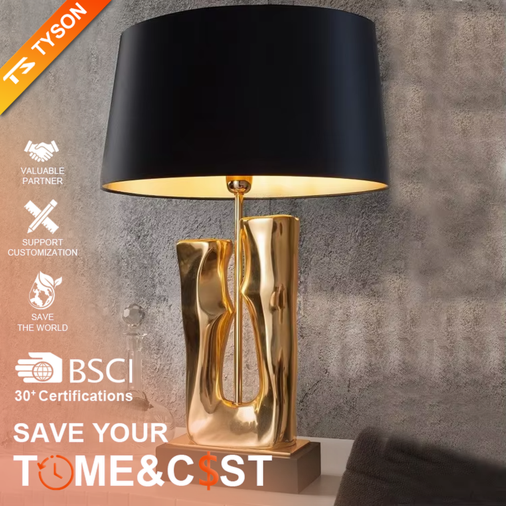 Modern art luxury black-gold sculpture base table lamp, golden streamlined sculpture base + black shade with gold lining + warm light effect, creating a high-end artistic luxury atmosphere.