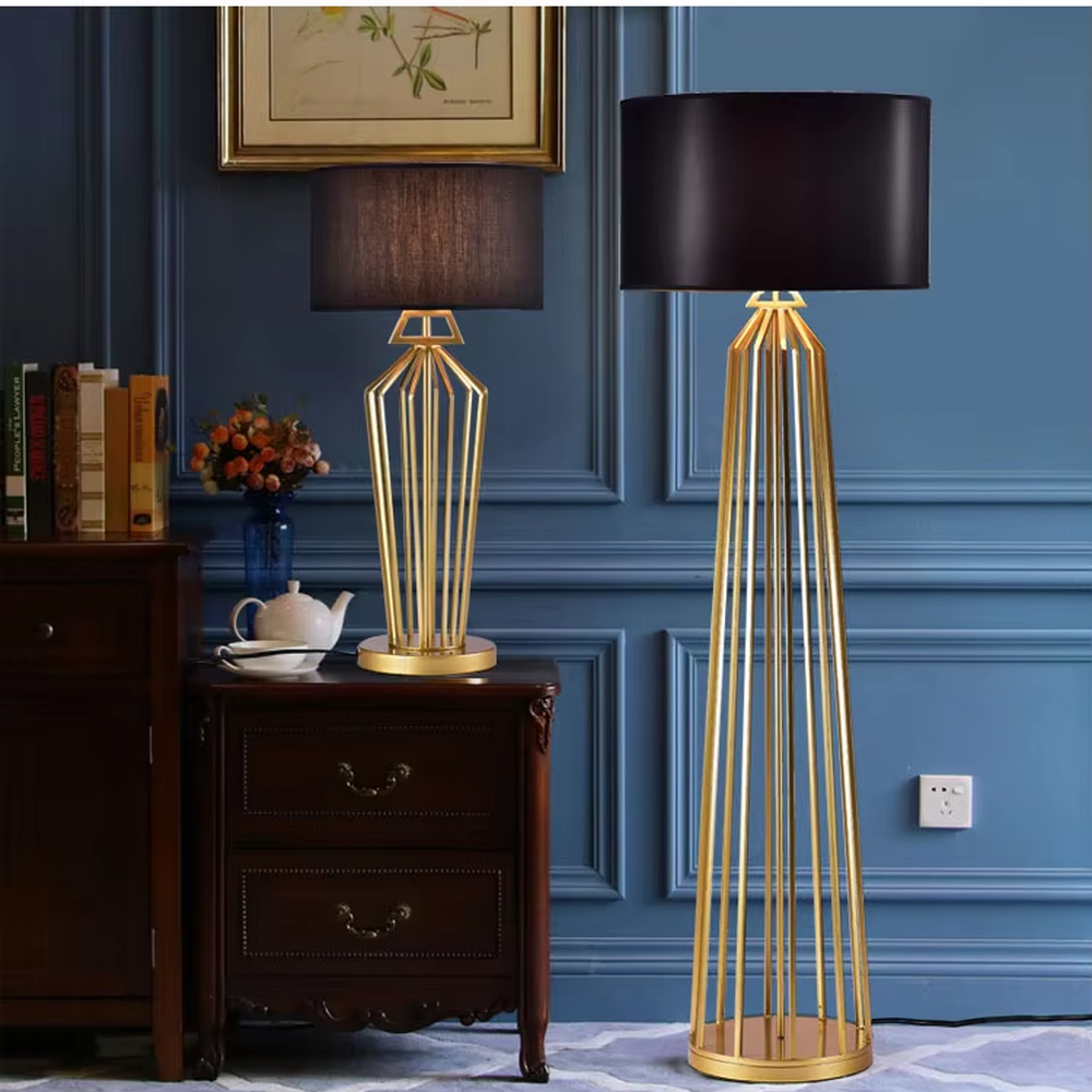 Modern Light Luxury Geometric Hollow Metal Table Lamp, Black Cylindrical Fabric Lampshade, Gold Prism Hollow Metal Lamp Body, Serves Both Lighting and Decorative Purposes, Ideal for Bedrooms, Living Rooms, Studies, Hotel Guest Rooms and Other Light Luxury Spaces.