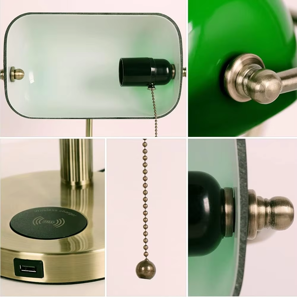 Vintage industrial-style semi-circular green shade brass adjustable table lamp, bright green shade + brass stand + warm light effect, suitable for vintage spaces to create nostalgic atmosphere.