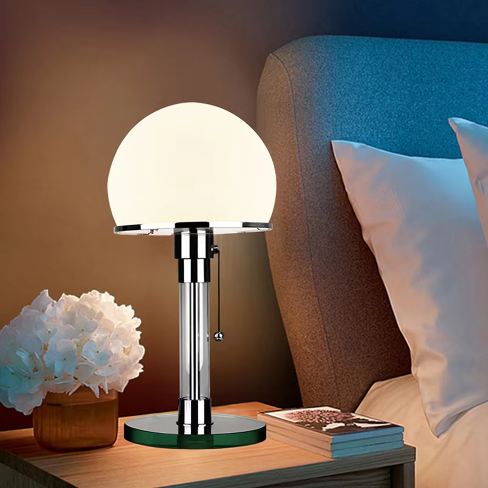Modern minimalist chrome-plated metal spherical table lamp, milk-white spherical lampshade + glossy metal stand + warm light effect, creating a fresh minimalist home atmosphere.