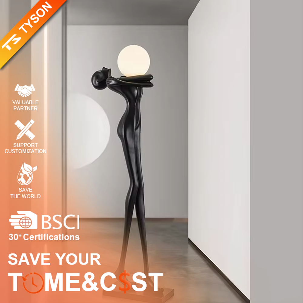 This is an artistic sculpture floor lamp, featuring a black human sculpture holding a circular luminous lamp, with a marble base. It is highly artistic and creative in design. It is used for space lighting and artistic decoration, significantly enhancing the artistic atmosphere and style of the space. It is suitable for modern art - style homes, high - end hotel lobbies, art exhibition halls, luxury clubs and other places.