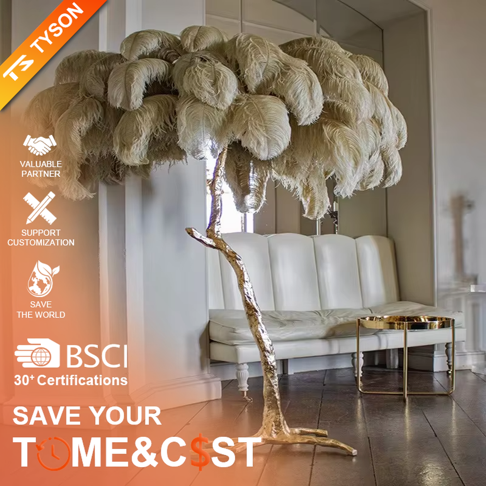 This is a luxury artistic floor lamp with a golden branch - shaped stand and a pink ostrich feather lampshade, featuring a romantic and luxurious design that shows elegant texture under warm light. It is used for space lighting and artistic decoration, combining practicality and aesthetics. It is suitable for modern luxury home living rooms, bedrooms, high - end hotel leisure areas, wedding photography scenes and other places.