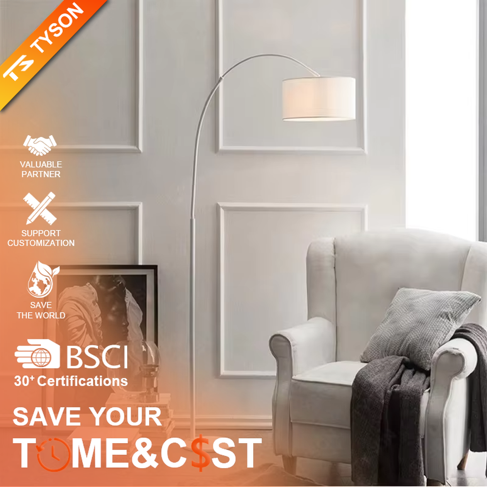 This is a modern minimalist arc floor lamp, featuring a white metal arc pole, a marble base, and a white fabric lampshade, with a simple and elegant design. It is used to provide local lighting and decorate the space, combining practicality and aesthetics. It is suitable for modern home living room corners, bedroom reading areas, high-end hotel leisure areas, luxury apartment living spaces and other places.