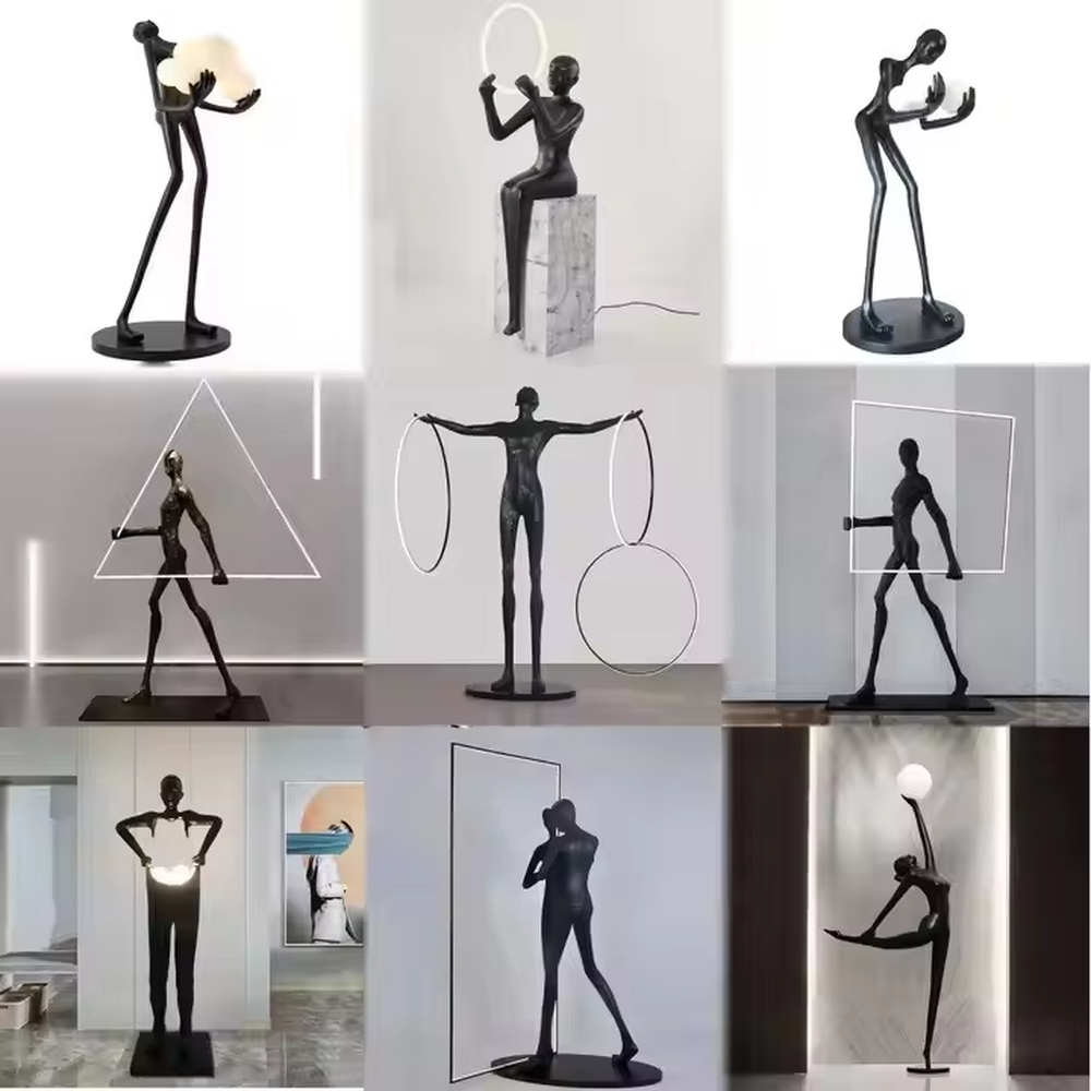 This is an artistic sculpture floor lamp, featuring a black human sculpture holding a circular luminous lamp, with a marble base. It is highly artistic and creative in design. It is used for space lighting and artistic decoration, significantly enhancing the artistic atmosphere and style of the space. It is suitable for modern art - style homes, high - end hotel lobbies, art exhibition halls, luxury clubs and other places.