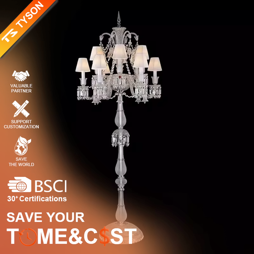 This is a European court luxury crystal floor lamp, made of full crystal material, with multi-layer crystal ornaments and candlestick-shaped lamp heads, featuring a brilliant and luxurious design with strong court luxury texture. It is used for space lighting and decoration, creating a high-end luxurious atmosphere. It is suitable for villa living rooms, high-end hotel banquet halls, European-style clubs and other places.