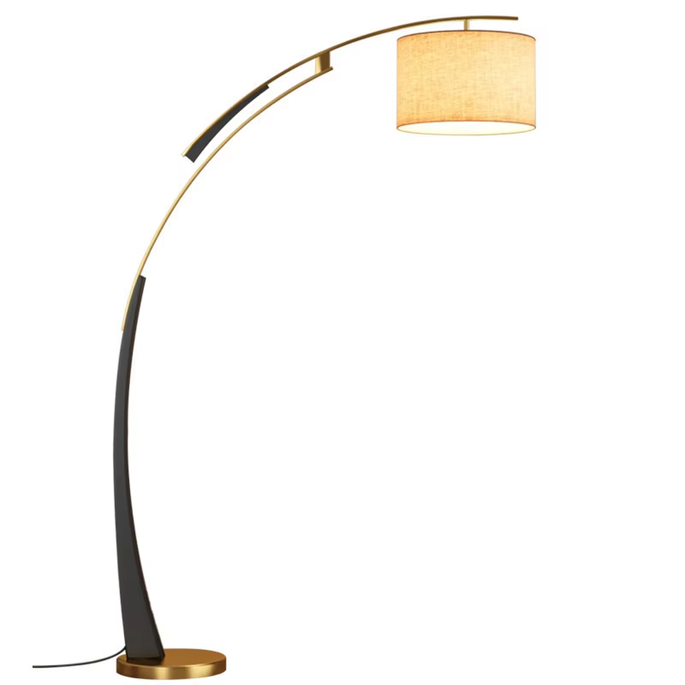 This is a modern arc luxury floor lamp, with a black-gold arc metal stand, a beige fabric cylindrical lampshade, and a golden base, featuring a minimalist and grand design with strong luxury texture. It is used for space lighting and decoration, creating a warm luxury atmosphere. It is suitable for modern home living rooms, luxury-style residences, leisure reading areas and other places.