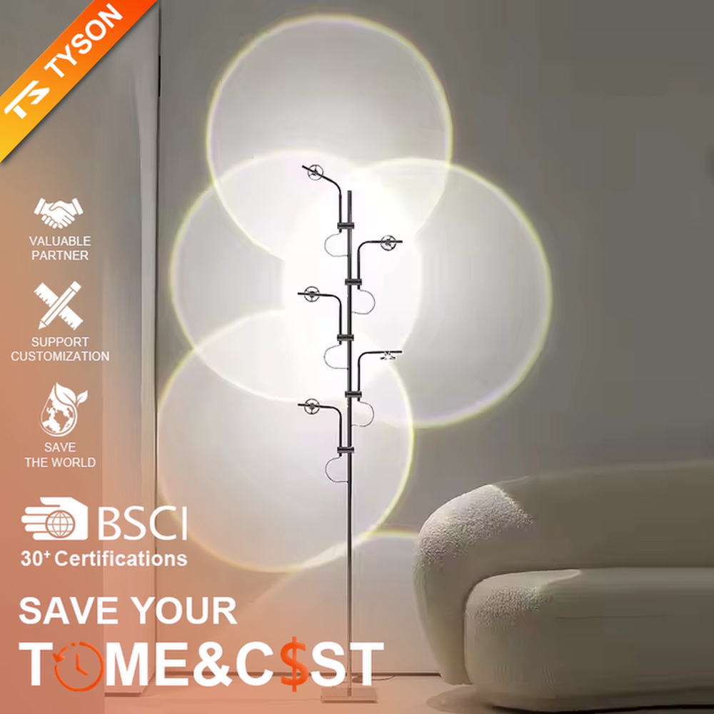 This is a modern artistic multi-circular light and shadow floor lamp, with a metal branch-like structure and multiple circular light-emitting panels. The light projects circular light and shadow with yellow edges, featuring a strong sense of modern art and light-shadow hierarchy. It is used for space lighting and decoration, creating a warm and artistic atmosphere. Suitable for modern bedrooms, artistic living rooms, designer studios and other places.