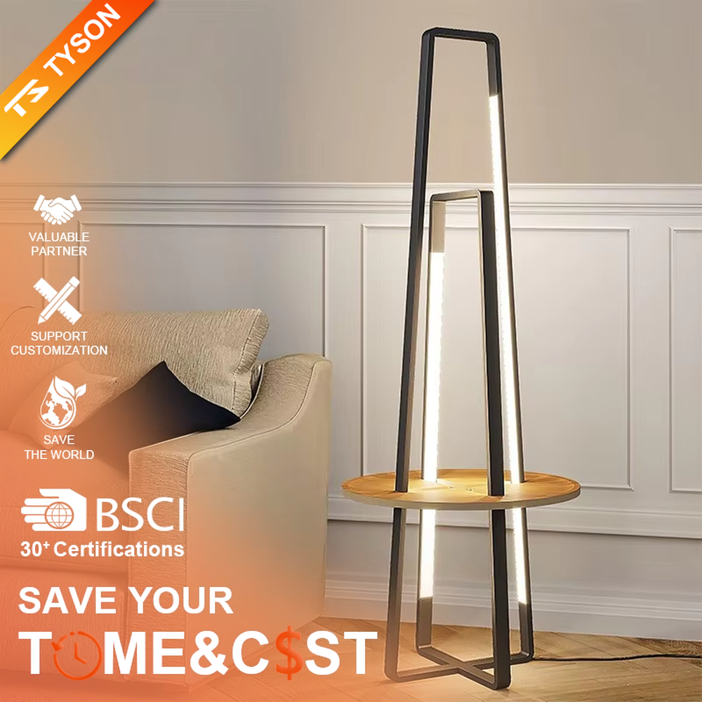 This is a modern geometric double-frame floor lamp with a black metal geometric frame, a wooden storage table, and built-in LED light strips, featuring a minimalist modern and functional design. It is used for space lighting, storage, and decoration, creating a modern luxury atmosphere. It is suitable for modern home living rooms, creative studios, luxury-style residences and other places.