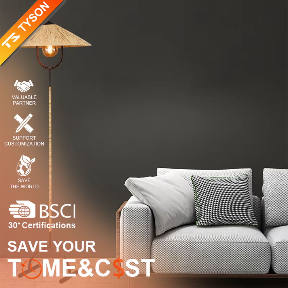 This is a retro-style woven floor lamp, with a black metal stand (curved base) and a woven-textured conical lampshade, featuring a retro bulb design, natural retro style and unique texture. It is used for space lighting and decoration, creating a warm retro natural atmosphere. It is suitable for retro-style home living rooms, leisure areas, art studios and other places.