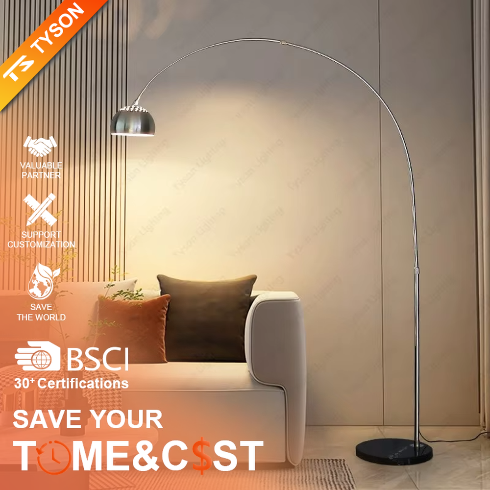 This is a modern luxury arc floor lamp with a golden curved lamp pole, a black marble base, and a golden dome lampshade. It features a simple and elegant design, combining artistry and practicality. It is used for space lighting and decoration, creating a luxurious and fashionable ambiance. It is suitable for modern home living rooms, luxury apartment living areas, high-end hotel leisure spaces and other places.