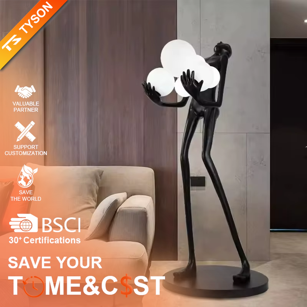 This is an artistic installation-style human sculpture ring floor lamp, featuring a black human sculpture shape paired with a circular LED light. It has a strong sense of art and avant-garde, with soft lighting and visual impact. It is used for space lighting and artistic decoration, creating a modern artistic and avant-garde atmosphere. Suitable for art exhibition halls, high-end villa living rooms, designer studios and other places.