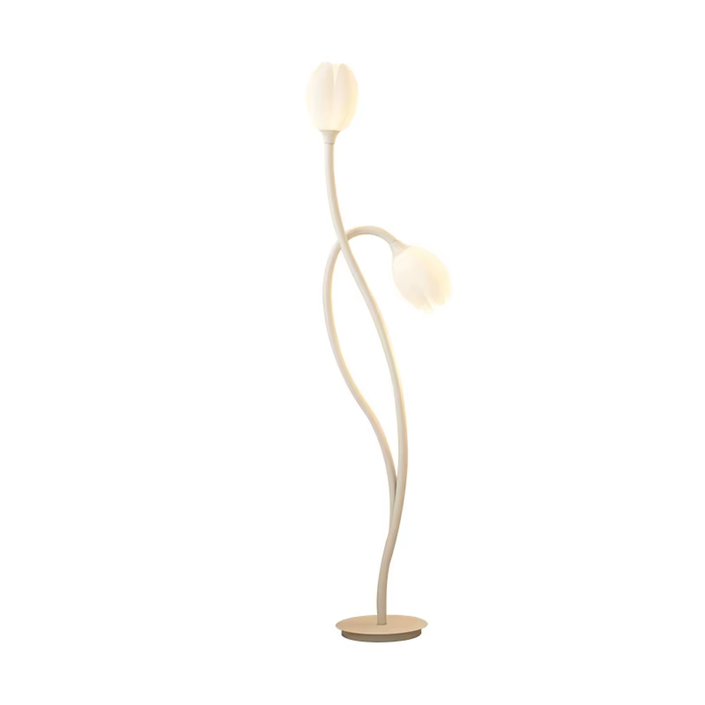 This is a modern warm-style white flower-shaped floor lamp, with white curved metal poles and double flower-shaped lampshades, featuring a minimalist and gentle design, warm style. It is used for space lighting and decoration, creating a warm and comfortable atmosphere. Suitable for modern minimalist living rooms, bedroom corners, Nordic-style homes and other places.