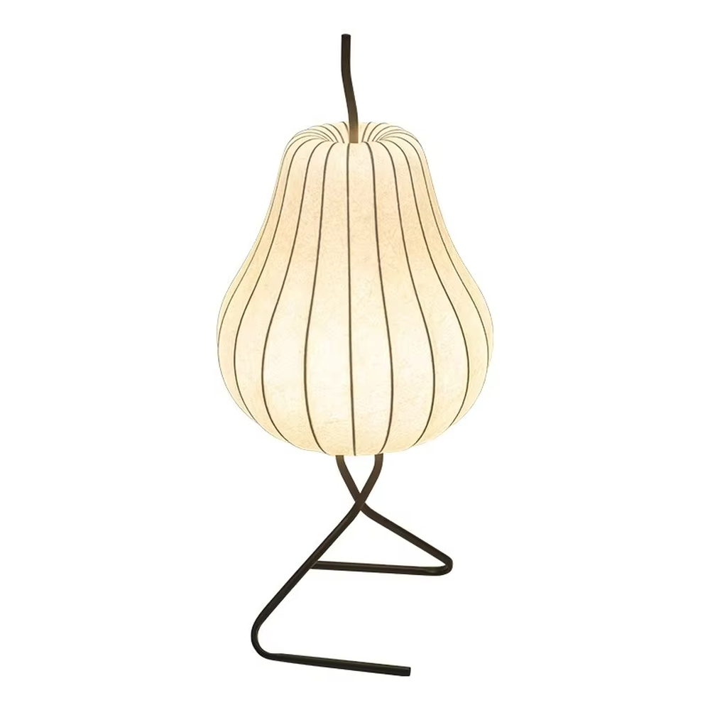 This is a childlike artistic pear-shaped floor lamp, made of paper-like material to create a pear shape, paired with a black metal stand. It features a childlike and natural design, with warm and soft lighting. It is used for space ambient lighting and decoration, creating a childlike and natural atmosphere. Suitable for Nordic-style homes, literary homestays, children's rooms and other places.