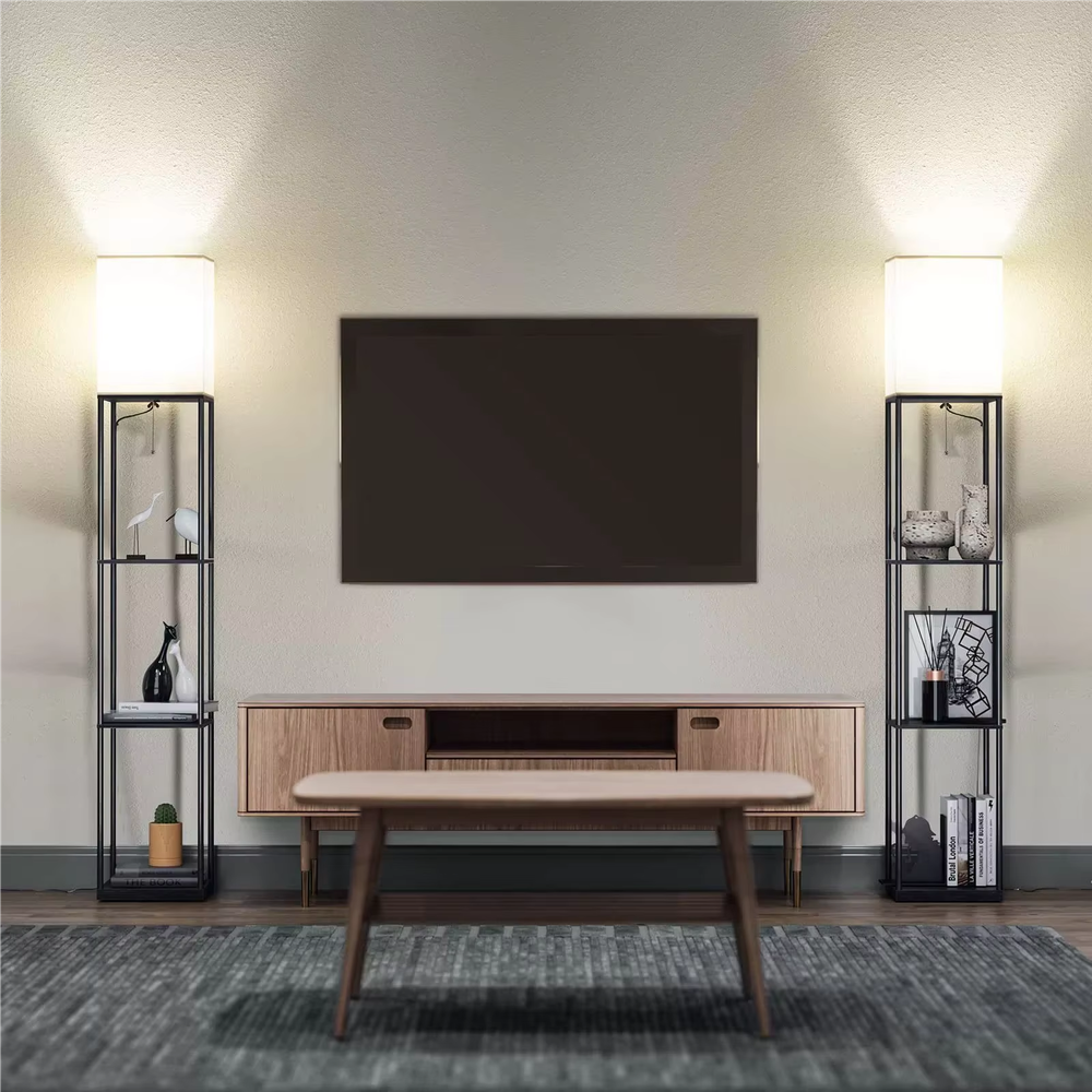 This is a multifunctional shelf floor lamp, with an industrial-style wooden frame and a square lampshade, built-in three-layer shelf, supporting three color temperatures switching (5000K white daylight, 4000K bright yellow, 2700K warm light), integrating lighting and storage functions. It is used for space lighting, decoration and storage, creating a practical and stylish atmosphere. Suitable for modern minimalist home living rooms, studies, bedroom corners and other places.