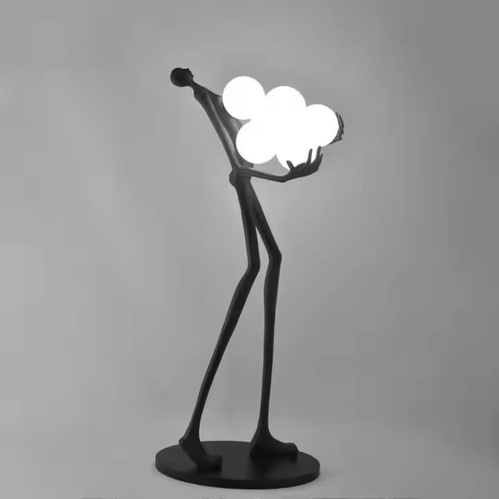 This is an artistic installation-style figure sculpture floor lamp, with a black figure sculpture sitting on a white marble base, holding a circular luminous lamp with both hands, featuring strong artistic sense. It is used for space lighting and artistic decoration, creating a modern artistic atmosphere. Suitable for art exhibition halls, high-end hotel lobbies, corners of modern art home living rooms and other places.