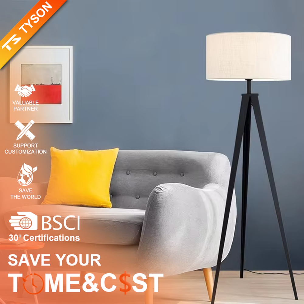 This is a modern minimalist white tripod fabric floor lamp, with a white metal tripod structure and a beige fabric round lampshade. It features a minimalist and grand design, with soft lighting. It is used for space ambient lighting and decoration, creating a modern minimalist atmosphere. Suitable for modern minimalist living rooms, Nordic-style homes, light luxury apartments and other places.