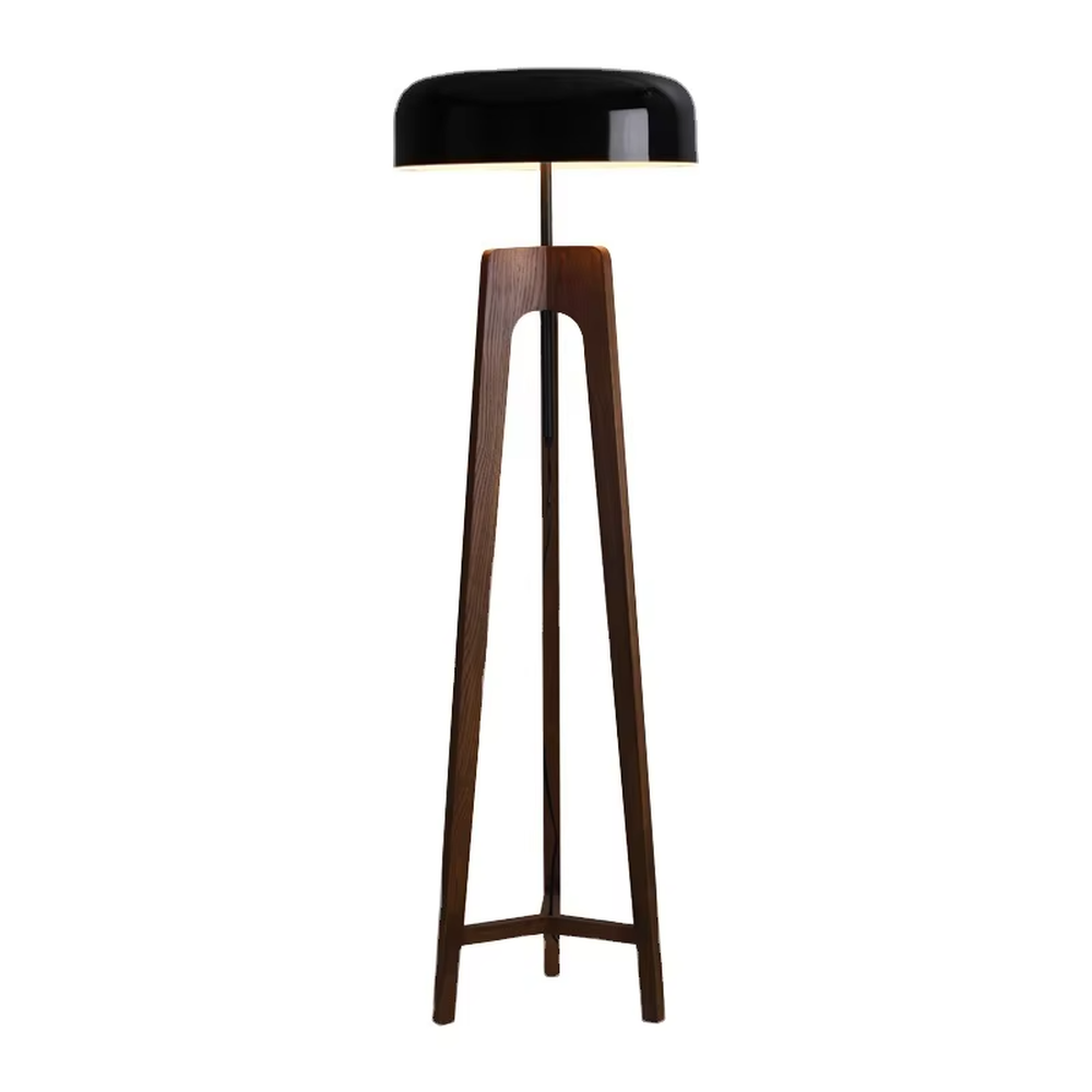 This is a modern retro-style wooden floor lamp, with a dark wooden tripod stand and a black dome lampshade, featuring a minimalist retro design with high-quality texture. It is used for space lighting and decoration, creating a warm retro modern atmosphere. It is suitable for modern retro-style home living rooms, designer studios, leisure reading areas and other places.
