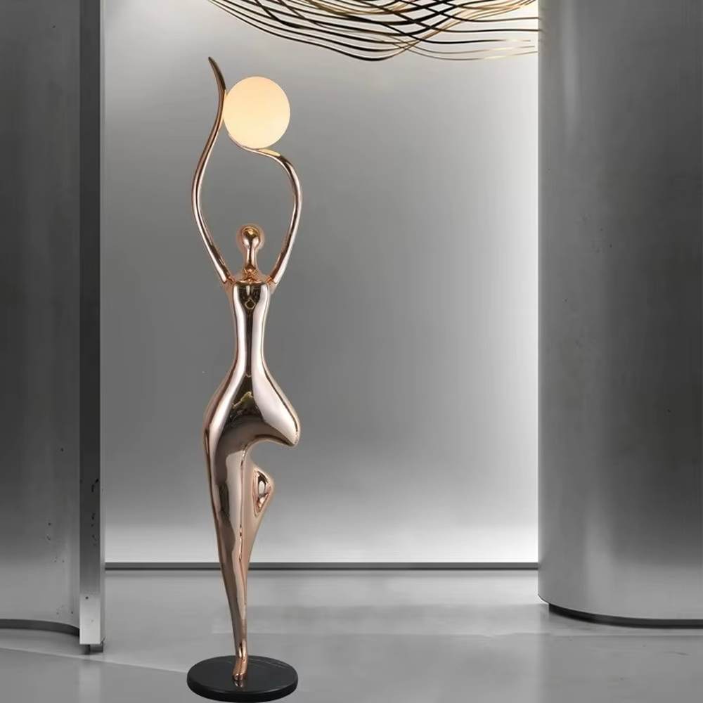 This is a modern artistic human-shaped floor lamp with a rose gold artistic human figure and a spherical lampshade, featuring a strong sense of art and modernity. It is used for space lighting and decoration, creating an artistic and distinctive ambiance. It is suitable for modern art-style homes, high-end clubs, art exhibition halls and other places.