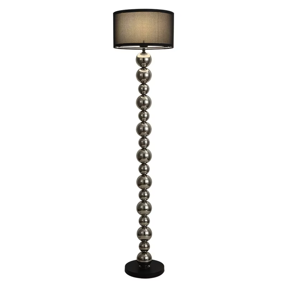 This is a modern light luxury-style silver spherical decorative floor lamp, with a silver metal pole composed of multiple spherical elements connected in series, paired with a beige fabric lampshade. It features a minimalist and textured design, with soft and warm lighting. It is used for space lighting and decoration, creating a light luxury and warm atmosphere. Suitable for modern light luxury living rooms, bedroom corners, high-end apartments and other places.
