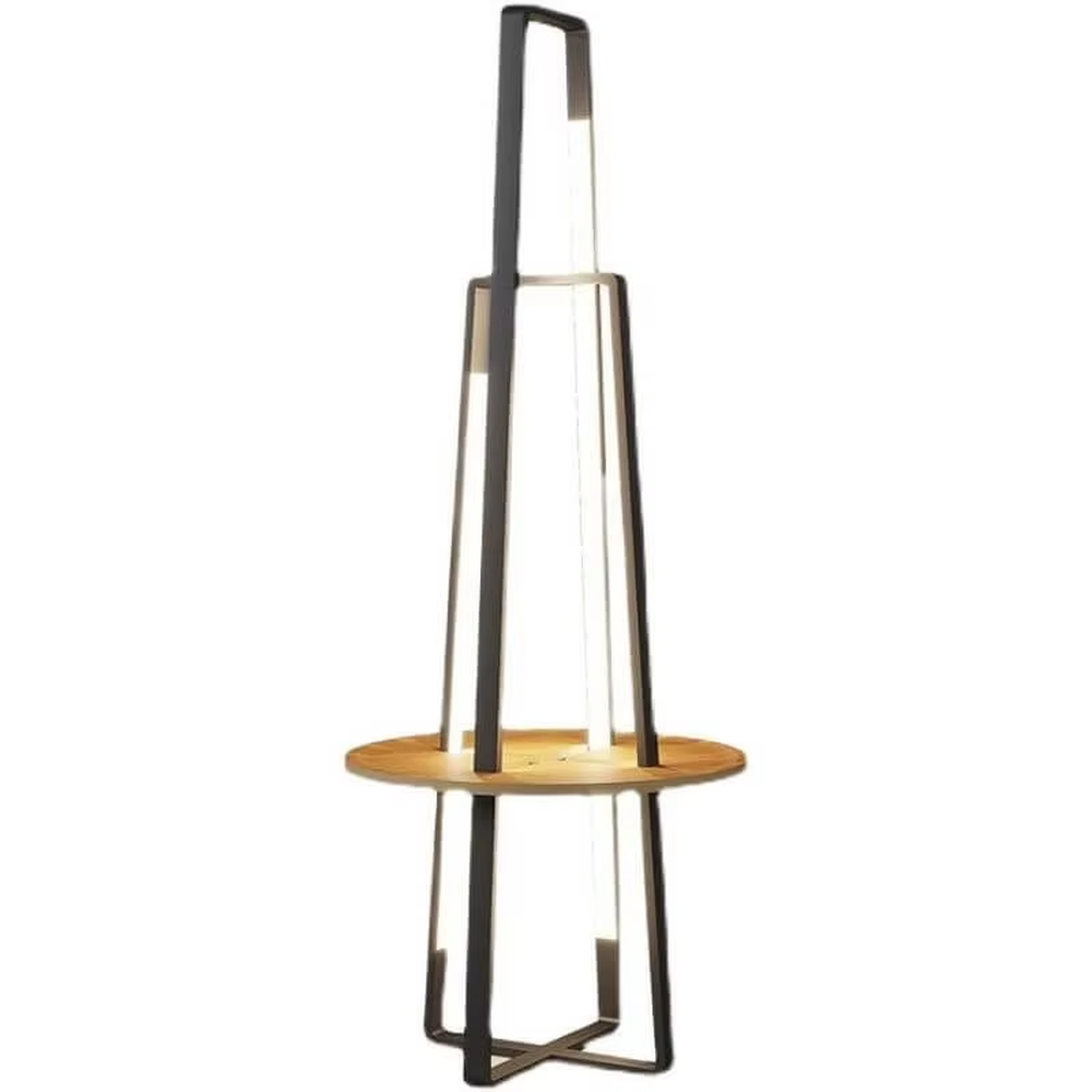 This is a modern geometric double-frame floor lamp with a black metal geometric frame, a wooden storage table, and built-in LED light strips, featuring a minimalist modern and functional design. It is used for space lighting, storage, and decoration, creating a modern luxury atmosphere. It is suitable for modern home living rooms, creative studios, luxury-style residences and other places.