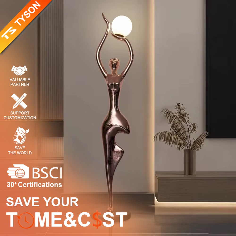 This is a modern artistic human-shaped floor lamp with a rose gold artistic human figure and a spherical lampshade, featuring a strong sense of art and modernity. It is used for space lighting and decoration, creating an artistic and distinctive ambiance. It is suitable for modern art-style homes, high-end clubs, art exhibition halls and other places.