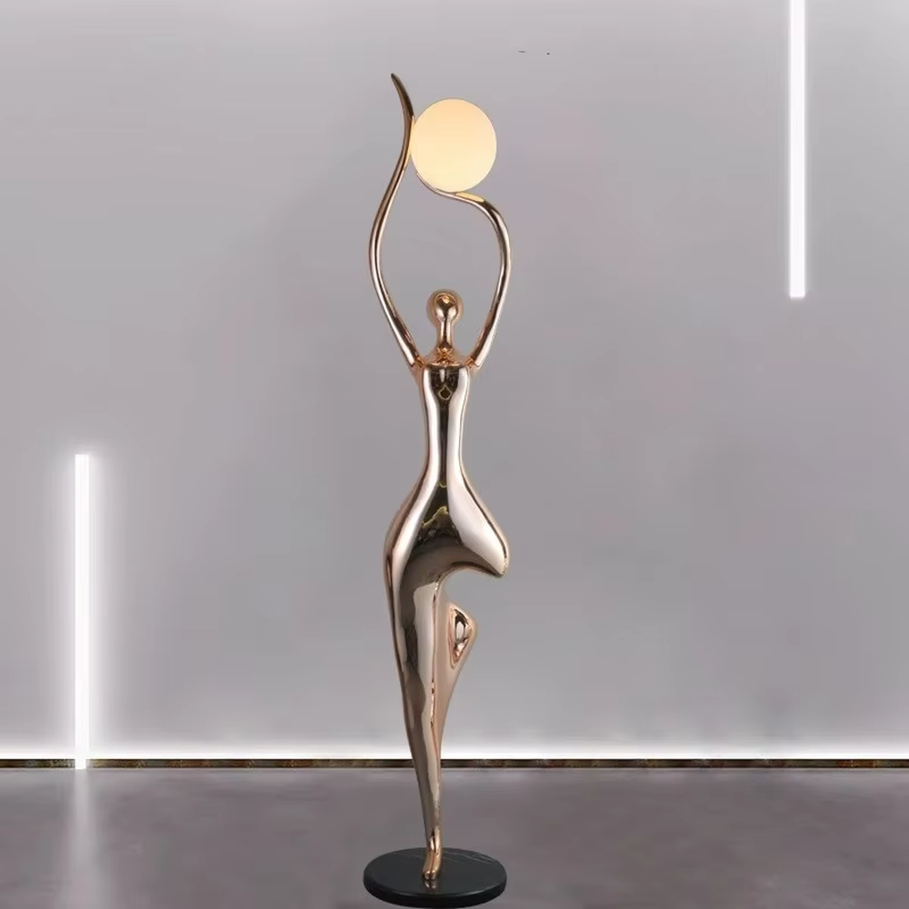 This is a modern artistic human-shaped floor lamp with a rose gold artistic human figure and a spherical lampshade, featuring a strong sense of art and modernity. It is used for space lighting and decoration, creating an artistic and distinctive ambiance. It is suitable for modern art-style homes, high-end clubs, art exhibition halls and other places.