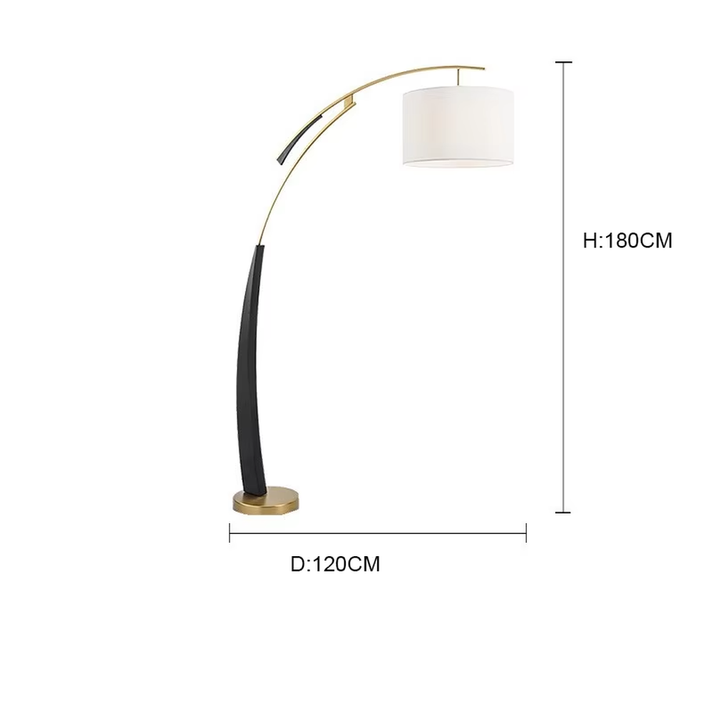 This is a modern arc luxury floor lamp, with a black-gold arc metal stand, a beige fabric cylindrical lampshade, and a golden base, featuring a minimalist and grand design with strong luxury texture. It is used for space lighting and decoration, creating a warm luxury atmosphere. It is suitable for modern home living rooms, luxury-style residences, leisure reading areas and other places.