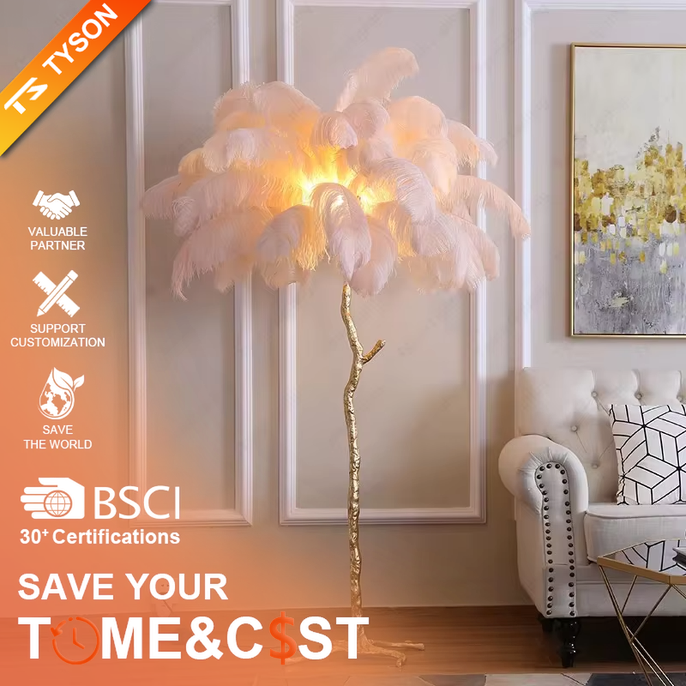 This is a light luxury artistic feather-shaped floor lamp, with a golden branch-shaped metal bracket and numerous pink ostrich feathers. It features a romantic and luxurious design, with warm and soft lighting. It is used for space ambient lighting and decoration, creating a romantic artistic atmosphere. Suitable for light luxury-style bedrooms, internet-famous check-in shops, art homestays and other places.