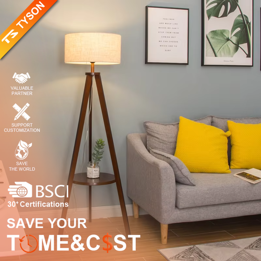 This is a Nordic-style wooden tripod floor lamp, with a light wood tripod stand (with a circular storage table) and a beige fabric cylindrical lampshade, featuring a minimalist and natural design with a warm ambiance. It is used for space lighting and storage decoration, creating a warm and natural atmosphere. It is suitable for Nordic-style home living rooms, minimalist residences, leisure reading areas and other places.